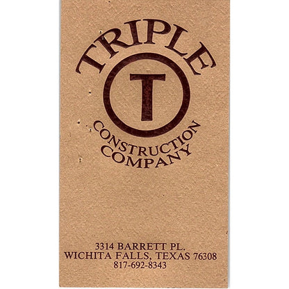 Triple T Construction Company Wichita Falls TX Vintage Business Card SD9-B3