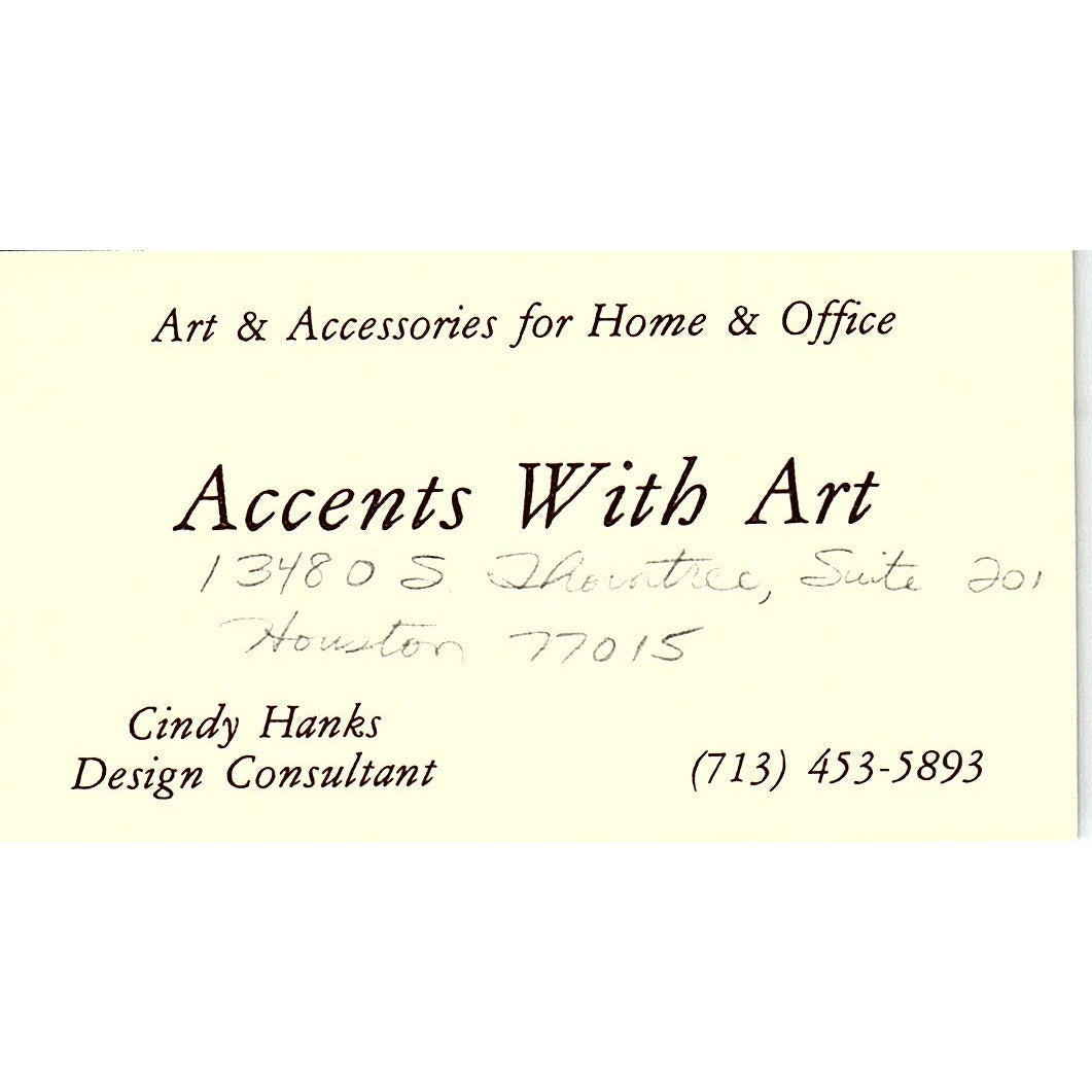 Accents With Art Cindy Hanks Houston TX Vintage Business Card SF3-B2