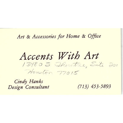 Accents With Art Cindy Hanks Houston TX Vintage Business Card SF3-B2