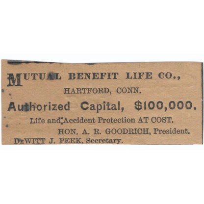 Mutual Benefit Life Co A.R. Goodrich DeWitt J. Peek Hartford 1886 Ad AF7-SS8