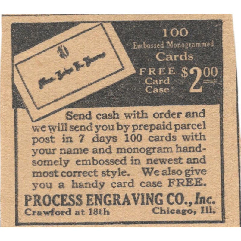 Process Engraving Co Chicago Embossed Card Offer 1923 Magazine Ad Clip AE1-7