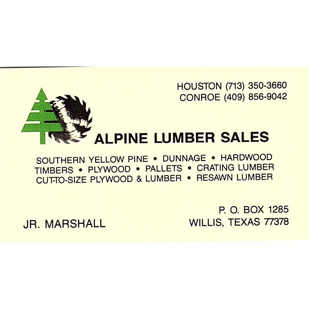 Alpine Lumber Sales JR Marshall Willis TX Vintage Business Card SD9-B12