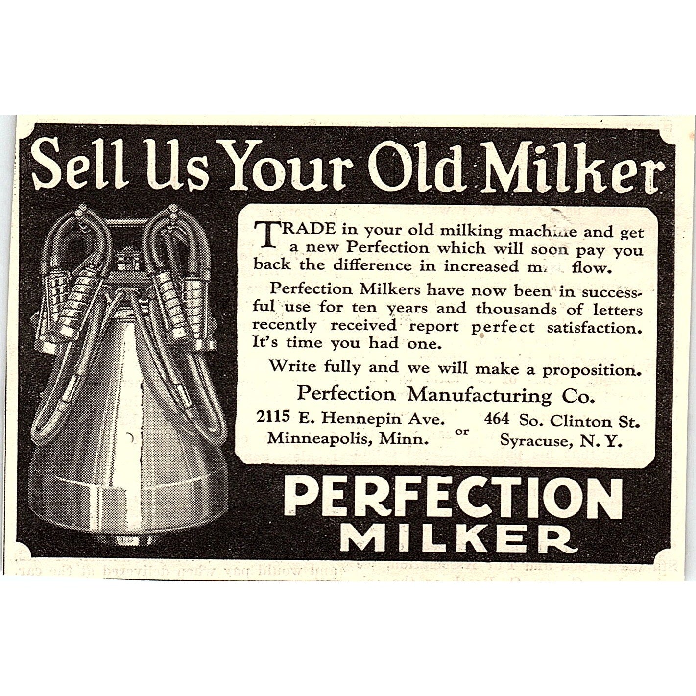 Perfection Manufacturing Perfection Milker Minneapolis Syracuse 1924 Ad AG3-H2