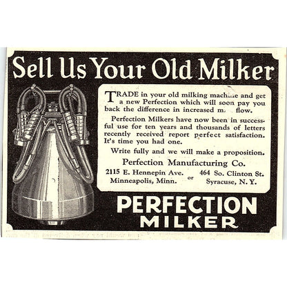 Perfection Manufacturing Perfection Milker Minneapolis Syracuse 1924 Ad AG3-H2