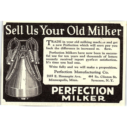 Perfection Manufacturing Perfection Milker Minneapolis Syracuse 1924 Ad AG3-H2