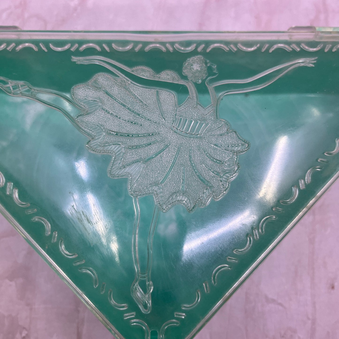 Vintage Hommer Triangular Plastic Hankie Vanity Box Ballerina Teal Celluloid TG8