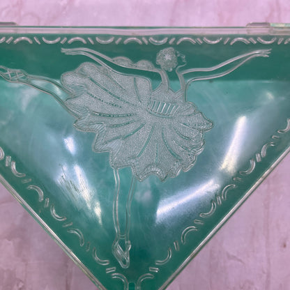 Vintage Hommer Triangular Plastic Hankie Vanity Box Ballerina Teal Celluloid TG8