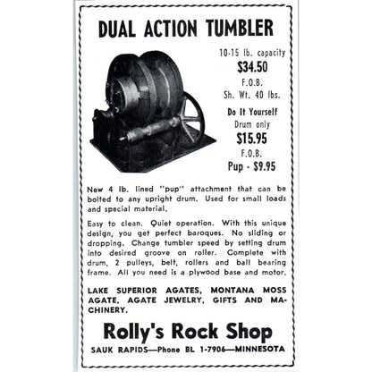 Rolly's Rock Shop Dual Action Tumbler Sauk Rapids MN 1964 Magazine Ad AB6-M2