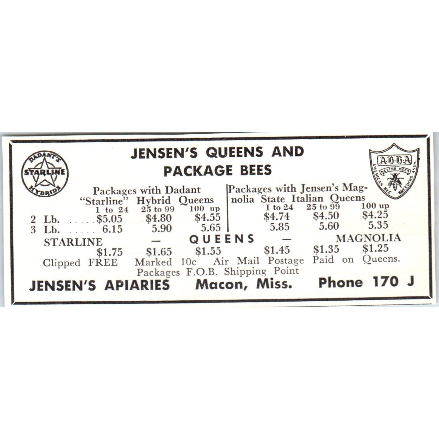 Jensen's Queens Jensen's Apiaries Macon Mississippi 1961 Magazine Ad AB6-LB