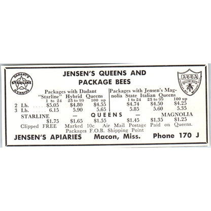 Jensen's Queens Jensen's Apiaries Macon Mississippi 1961 Magazine Ad AB6-LB