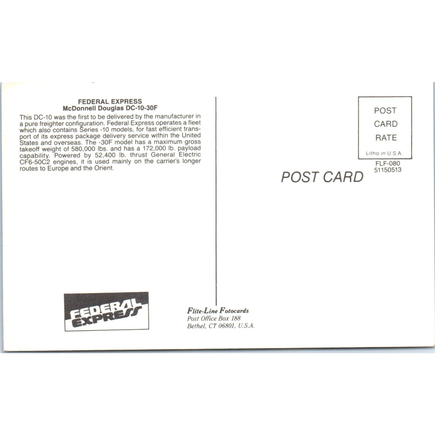 Federal Express McDonnell Douglas DC-10-30F Vintage Postcard PC19