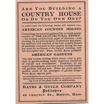 American Country Houses Bates & Guild Co Boston - 1908 Ad AF5-4