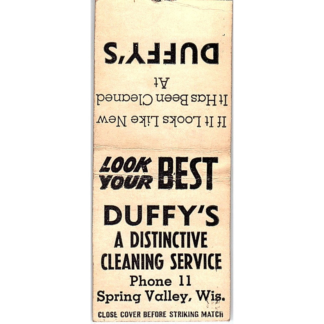 Duffy's Cleaning Service Spring Valley WI Vintage Matchbook Cover SE5-Y2