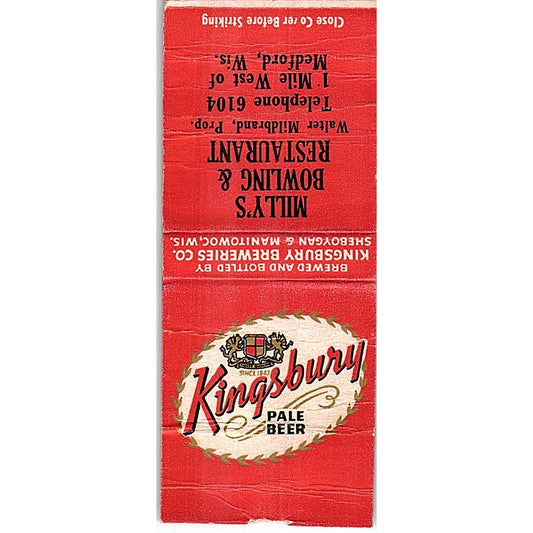 Milly's Bowling & Restaurant Walter Mildbrand Medford WI Matchbook Cover SC7-Y11