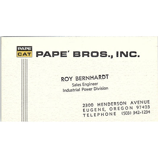 Pape' Bros Inc. Roy Bernhardt Eugene Oregon Vintage Business Card SB4-B4