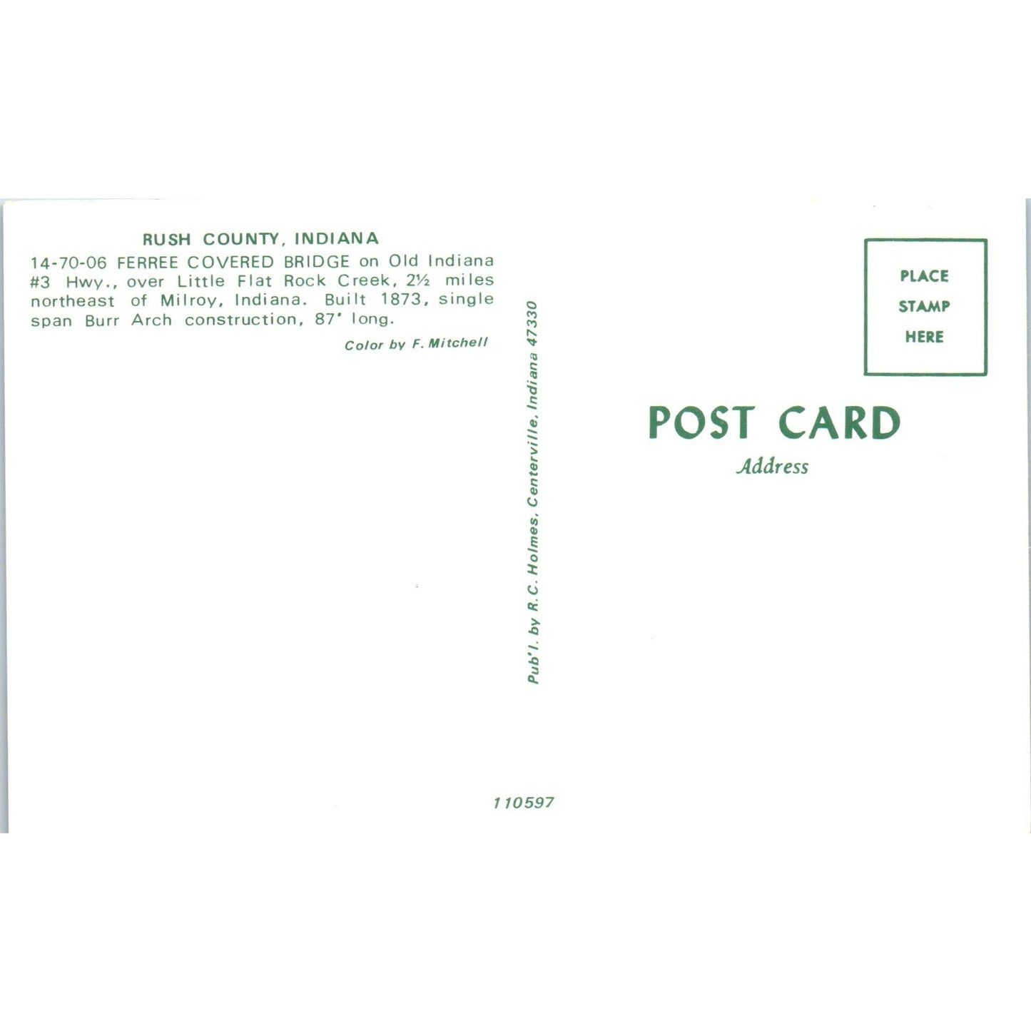 Rush County Indiana Ferree Covered Bridge Postcard PB10