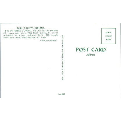 Rush County Indiana Ferree Covered Bridge Postcard PB10
