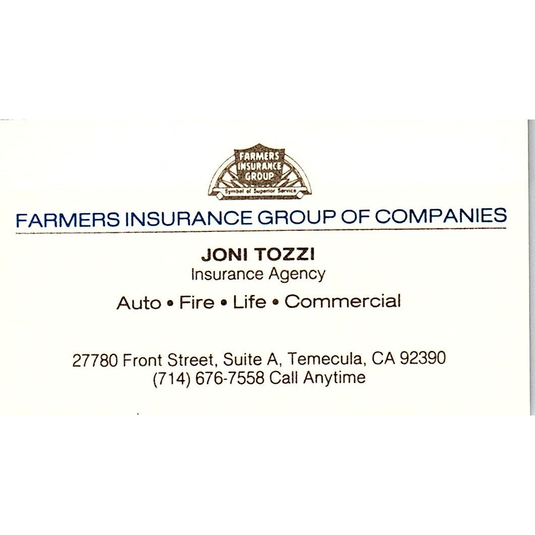 Joni Tozzi Farmers Ins Temecula CA Vintage Business Card SC9-B9
