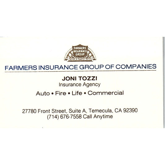 Joni Tozzi Farmers Ins Temecula CA Vintage Business Card SC9-B9