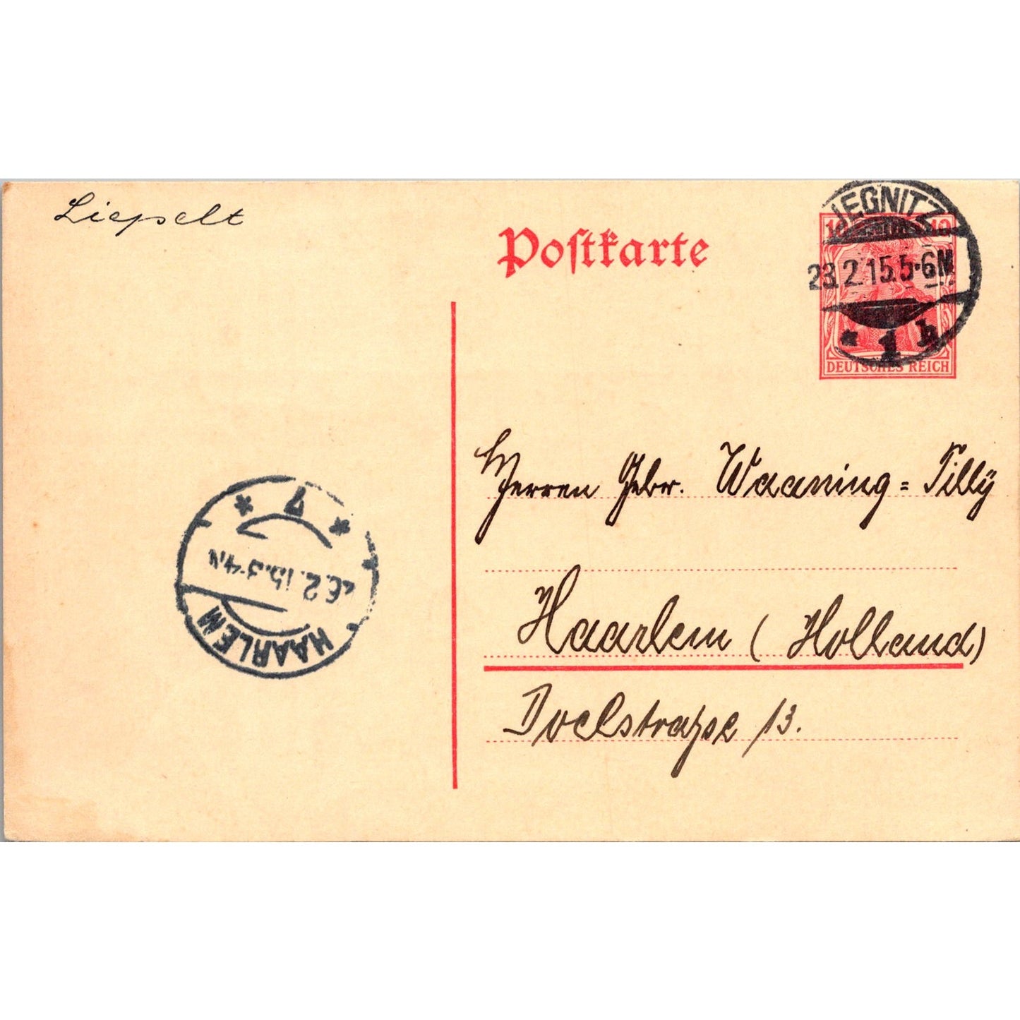 Liegnitz Haarlem 1915 German Reich Postcard TE2-GRP