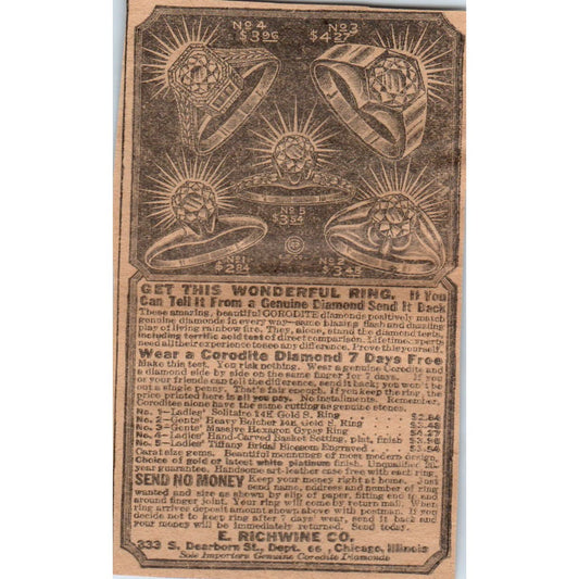 E. Richwine Co Chicago Corodite Diamond Rings 1923 Magazine Ad Clip AE1-3