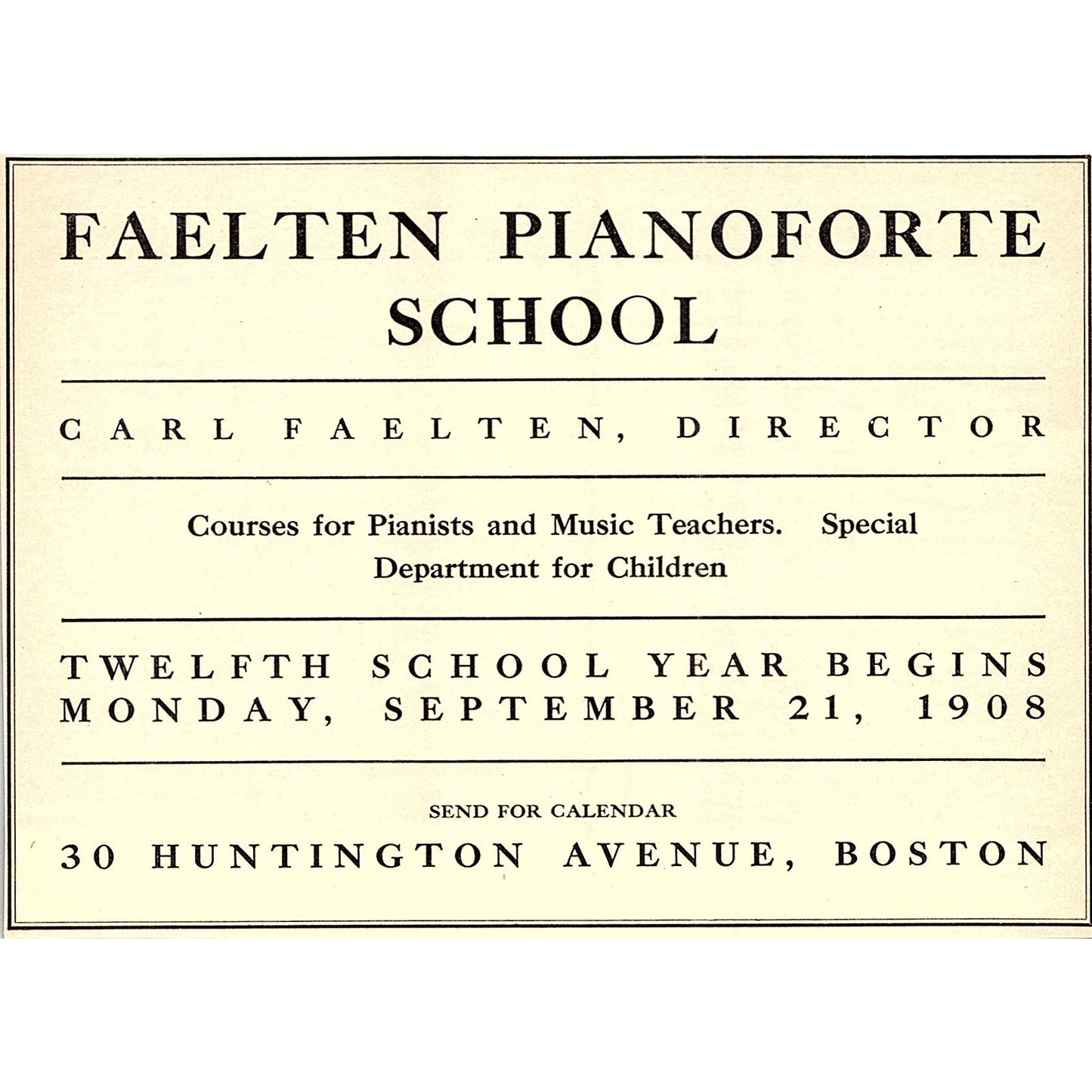 Carl Faelten Pianoforte School Huntington Ave Boston - 1908 Ad AF5-5