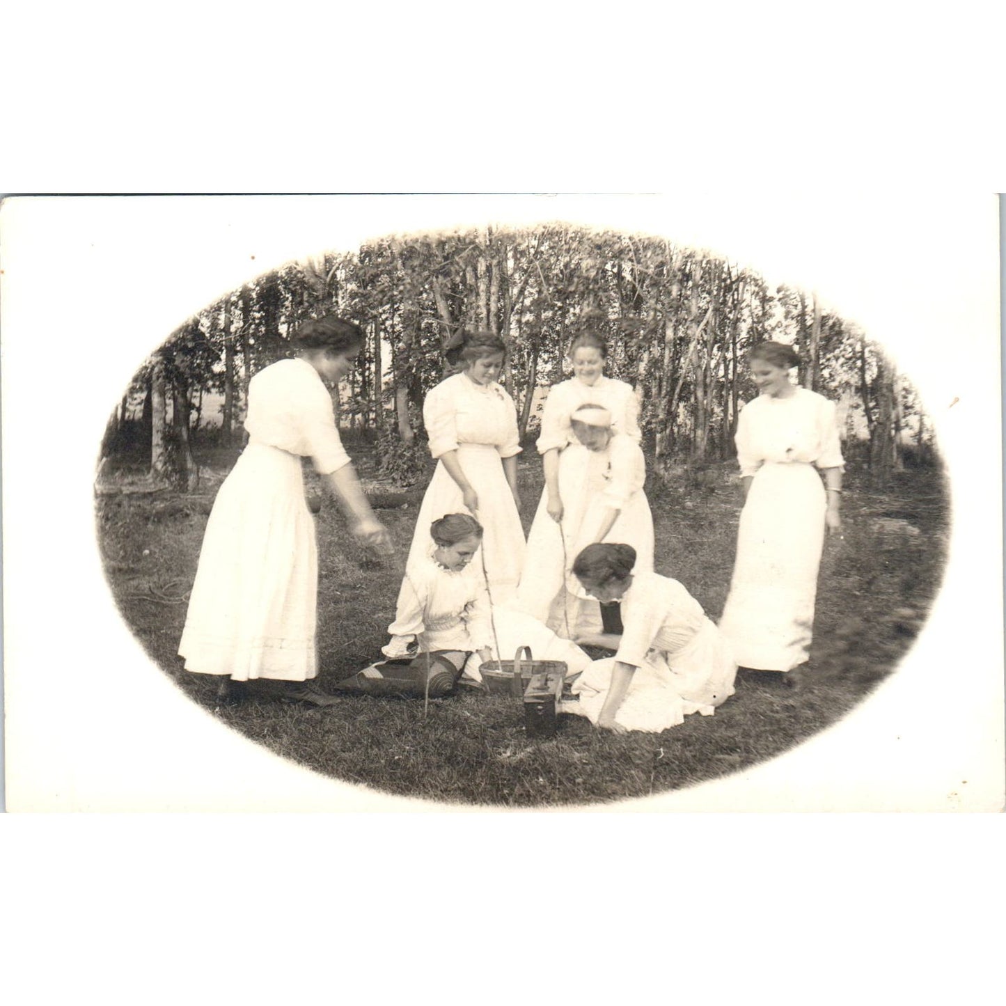 Young Ladies in White Gowns Having a Picnic c1910 RPPC Postcard AB9