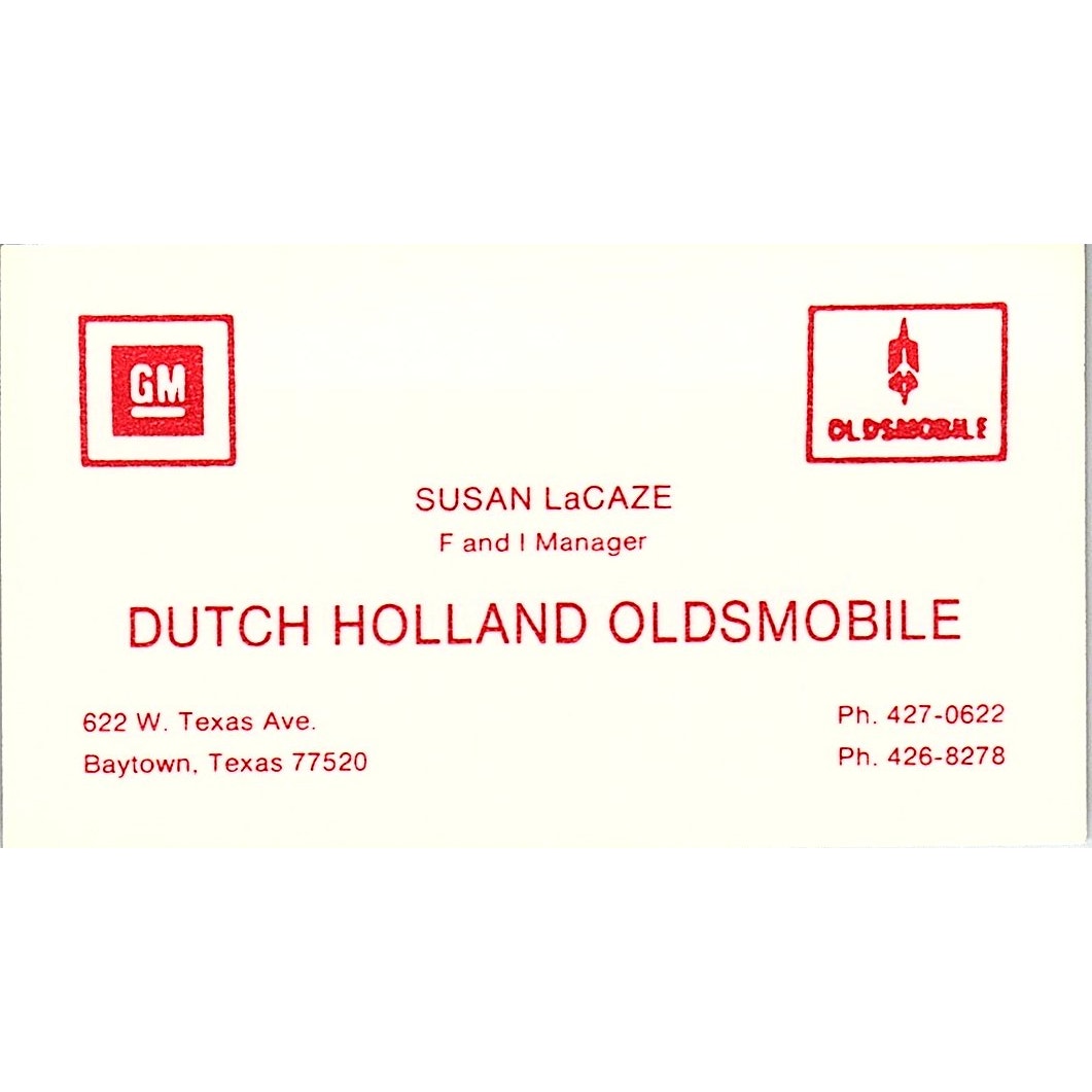 Susan LaCaze Dutch Holland Oldsmobile Baytown TX Vintage Business Card SC9-B5