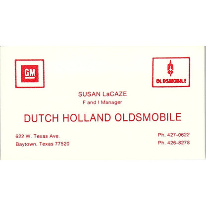 Susan LaCaze Dutch Holland Oldsmobile Baytown TX Vintage Business Card SC9-B5