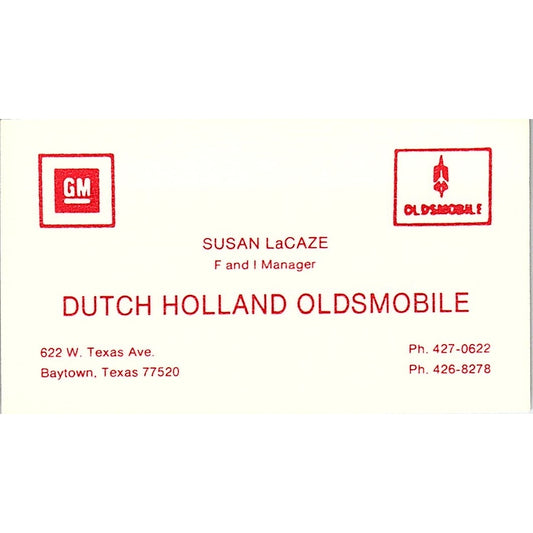 Susan LaCaze Dutch Holland Oldsmobile Baytown TX Vintage Business Card SC9-B5