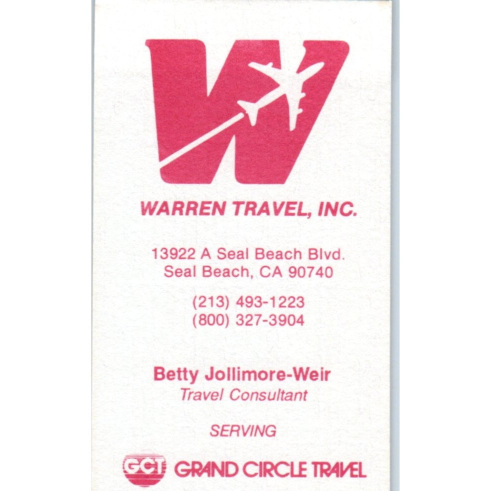 Warren Travel Inc Betty Jollimore-Weir Seal Beach CA Vtg Business Card SD8-B21