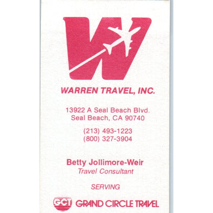 Warren Travel Inc Betty Jollimore-Weir Seal Beach CA Vtg Business Card SD8-B21