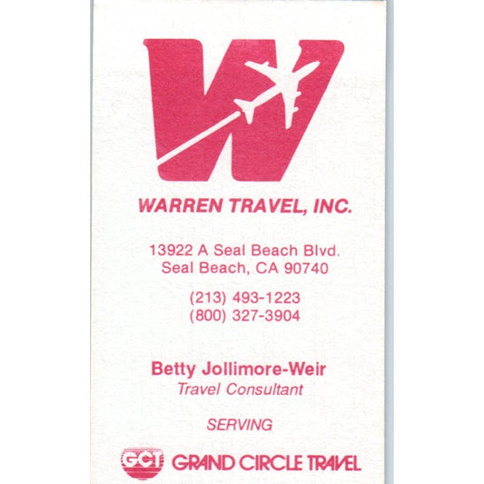 Warren Travel Inc Betty Jollimore-Weir Seal Beach CA Vtg Business Card SD8-B21