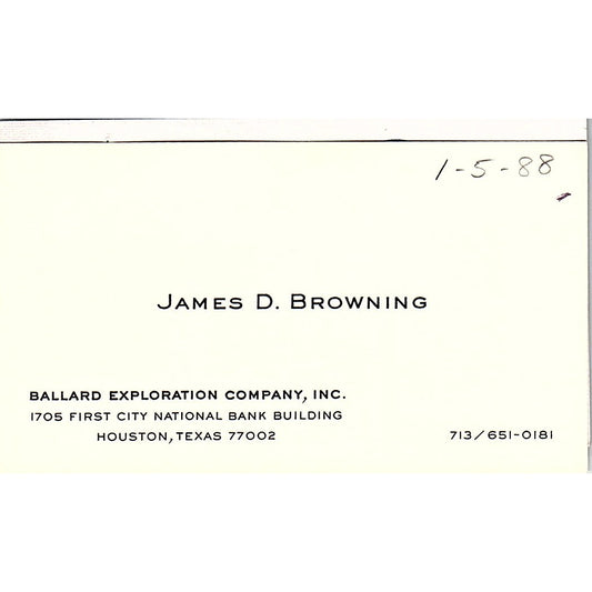 James D Browning Ballard Exploration Co Houston Vintage Business Card SC9-B4