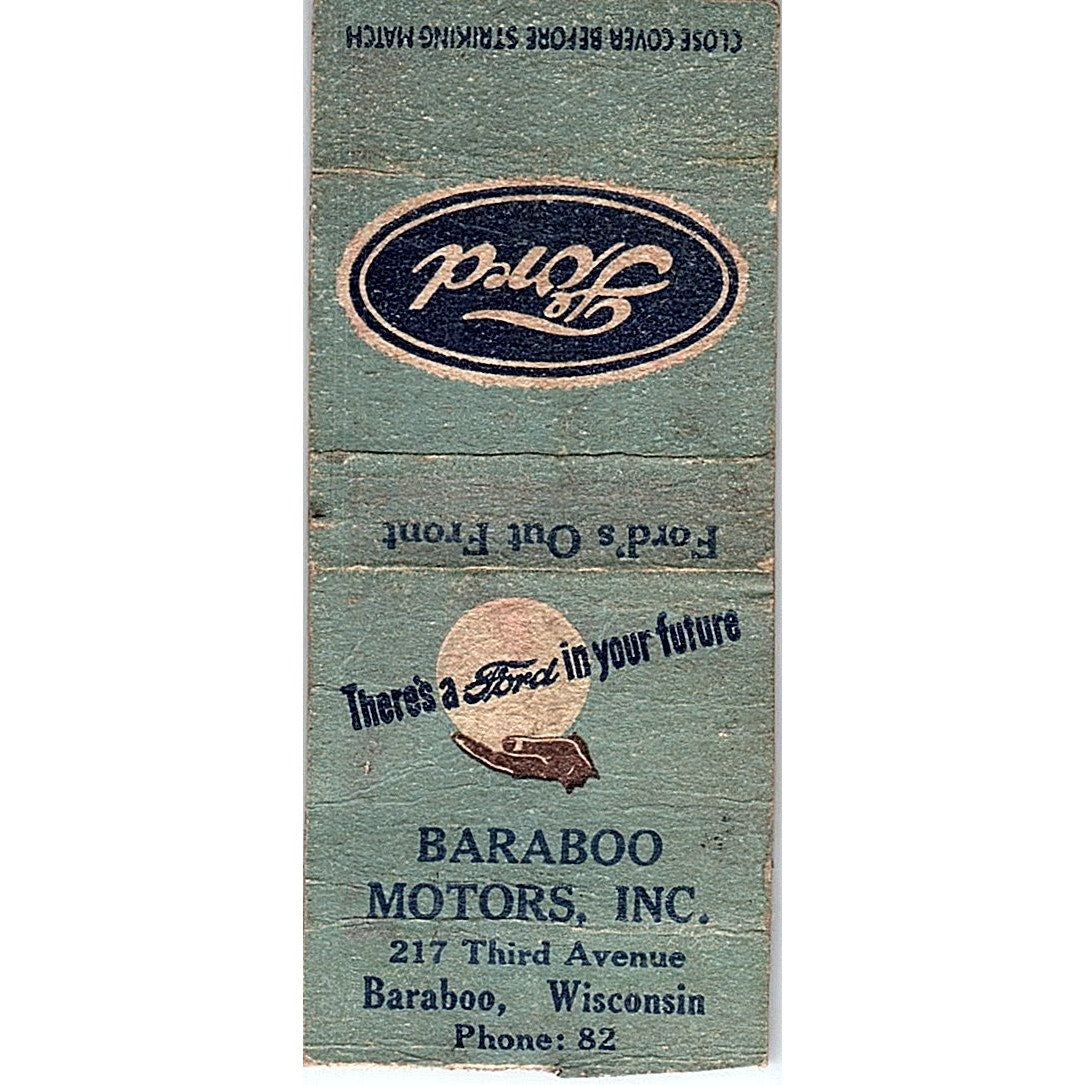 Baraboo Motors Inc Ford Dealer WI Vintage Matchbook Cover SF3-Y6