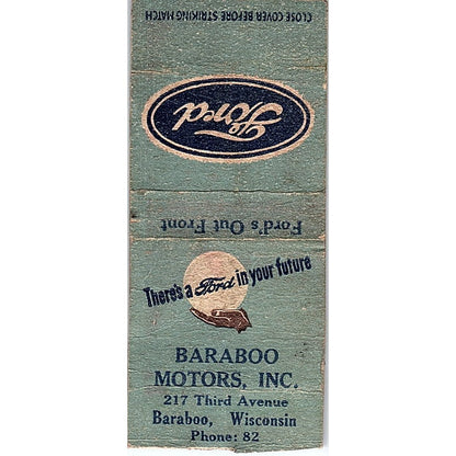 Baraboo Motors Inc Ford Dealer WI Vintage Matchbook Cover SF3-Y6