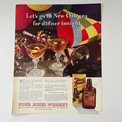 Four Roses Whiskey Frankfort Distillery Mardi Gras Cocktail Recipe 1935 Ad V1-5