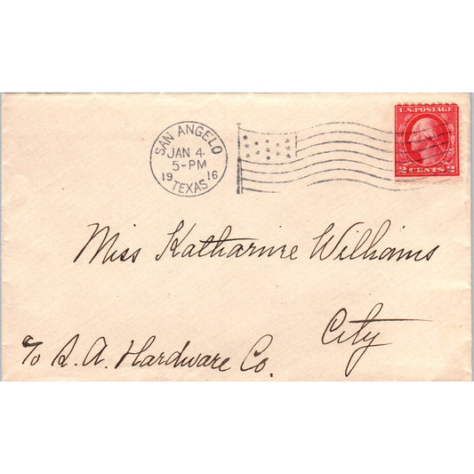 1916 Katharine Williams San Angelo TX R.A. Hardware Co Postal Cover TG7-PC2