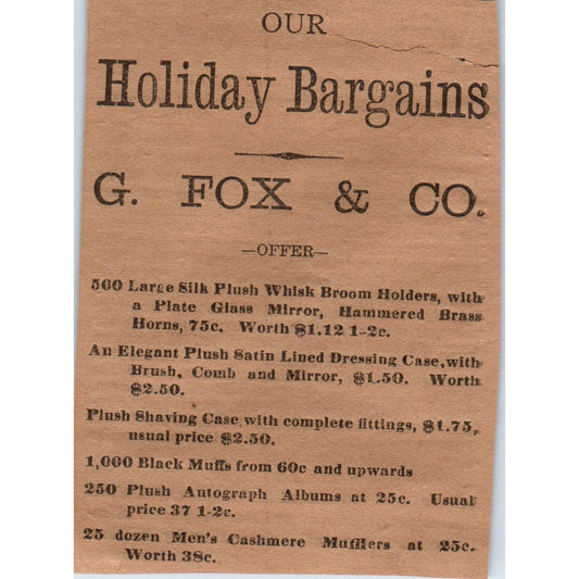 G. Fox & Co Holiday Bargains 1886 Hartford CT Victorian Ad AB8-HT1