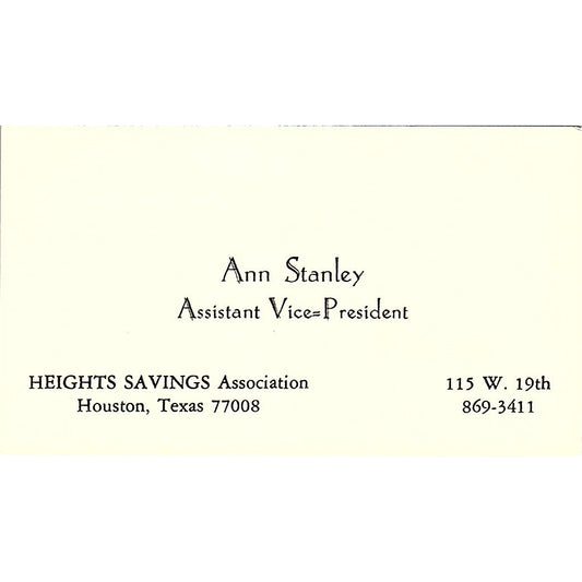 Heights Savings Ann Stanley Houston TX Vintage Business Card SB4-B10