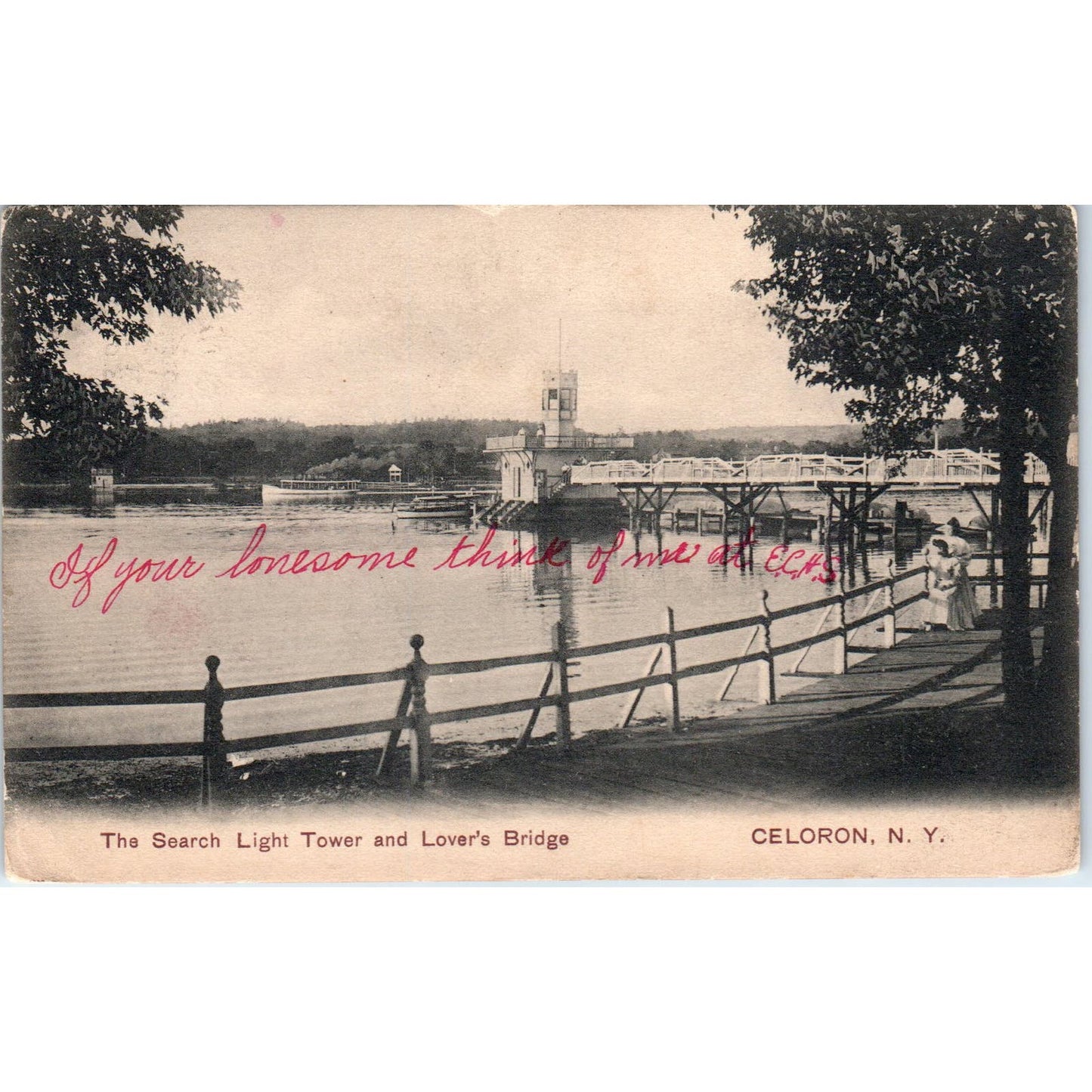 1907 The Search Light Tower & Lover's Bridge New York Postcard PD3