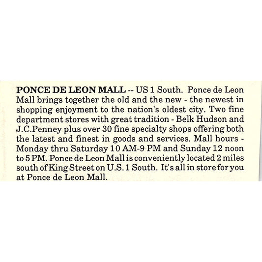Ponce De Leon Mall St. Augustine FL 1989 Ad AF9-M1