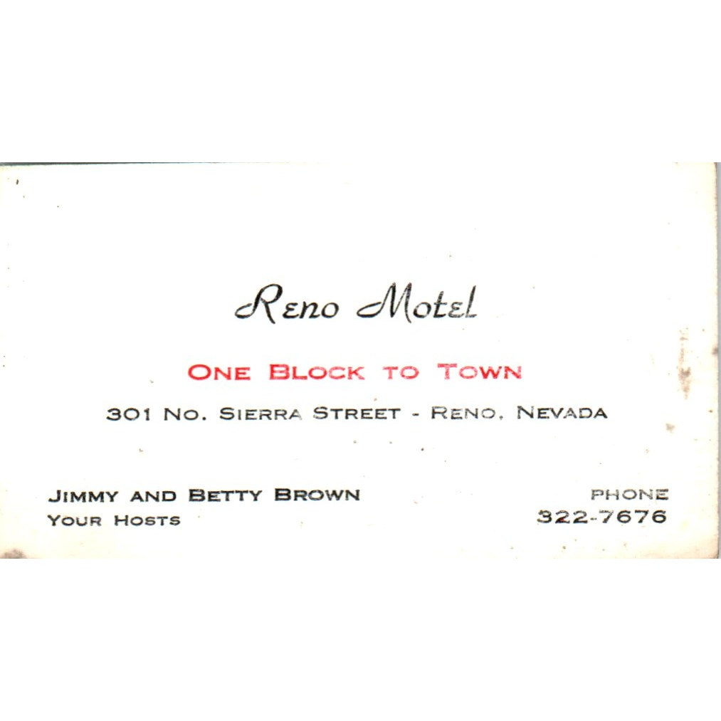 Reno Motel Jimmy & Betty Brown Reno NV Vintage Business Card SE3-B1