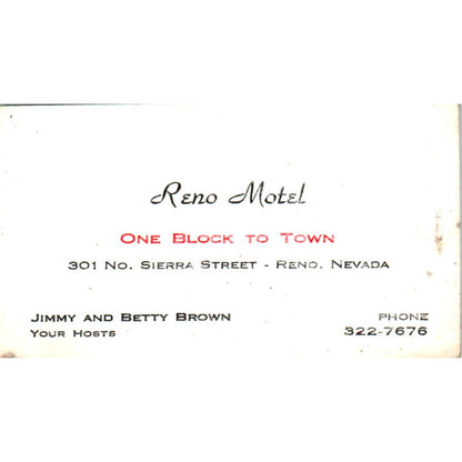 Reno Motel Jimmy & Betty Brown Reno NV Vintage Business Card SE3-B1