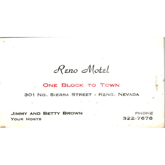 Reno Motel Jimmy & Betty Brown Reno NV Vintage Business Card SE3-B1