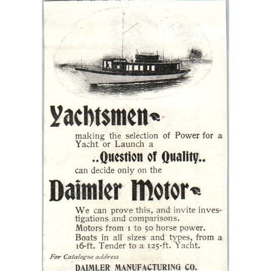Daimler Manufacturing Co Yacht Motors c1905 Original Advertisement AE7-A3