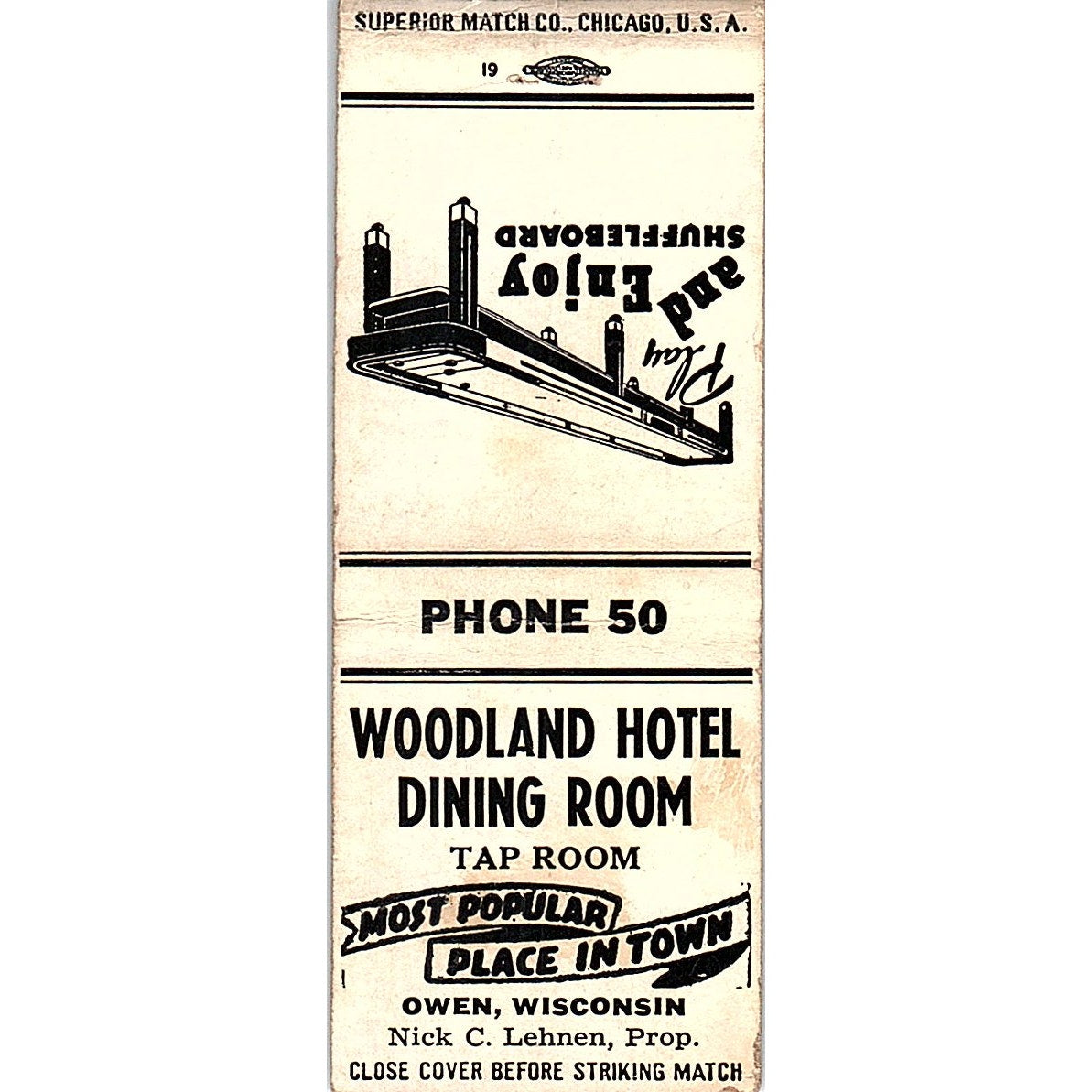 Woodland Hotel Dining Room Nick C Lehnen Owen WI Vintage Matchbook Cover SF3-Y3