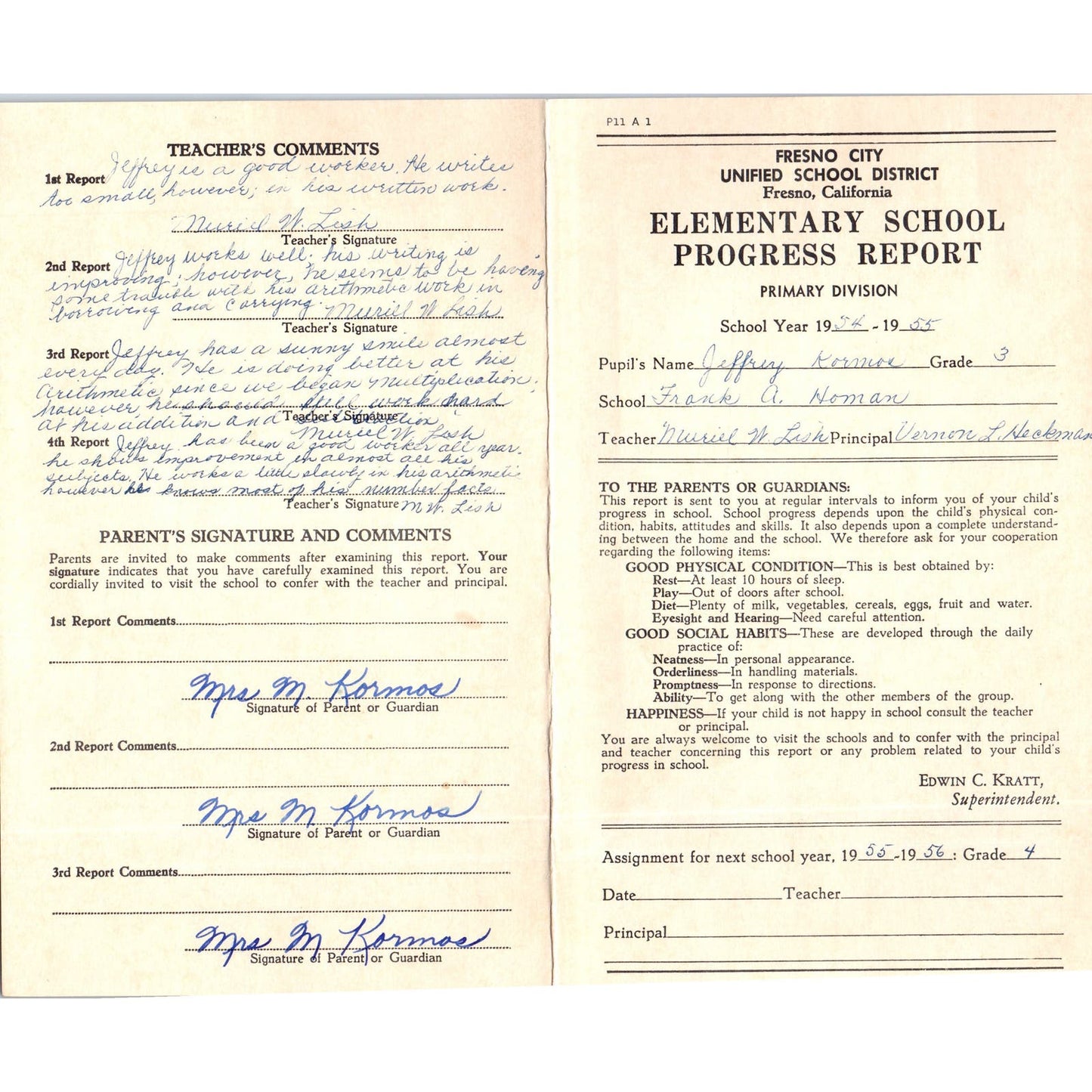 1954-55 Fresno City Schools Fresno CA Report Card Jeffrey Kormos Grade 3 AB9