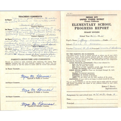 1954-55 Fresno City Schools Fresno CA Report Card Jeffrey Kormos Grade 3 AB9
