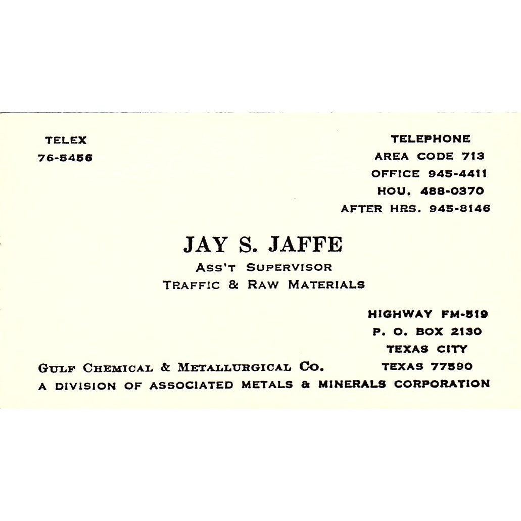 Jay S Jaffe Gulf Chemical & Metallurgical Co Texas City Vtg Business Card SC9-B4